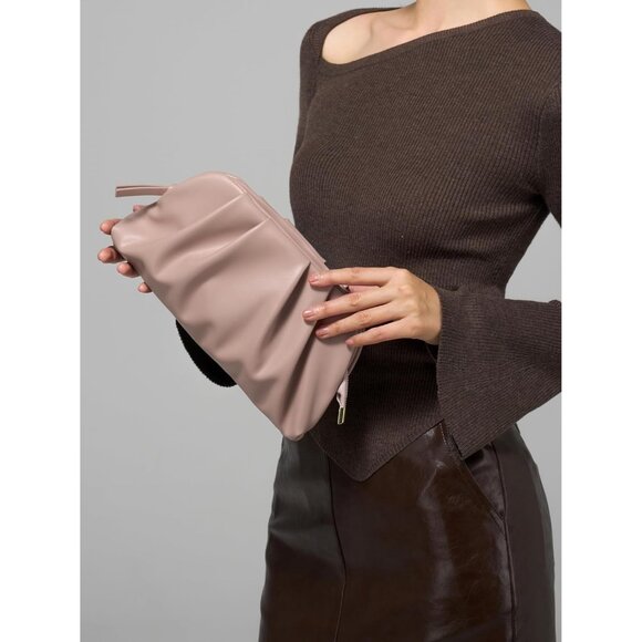⚡Women's Soft Pleated Vegan Leather Zipper Closure Evening Light Pink Clutch Bag - Picture 2 of 6